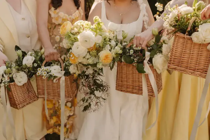 Bridesmaids holding wicker baskets filled with white and yellow flowers