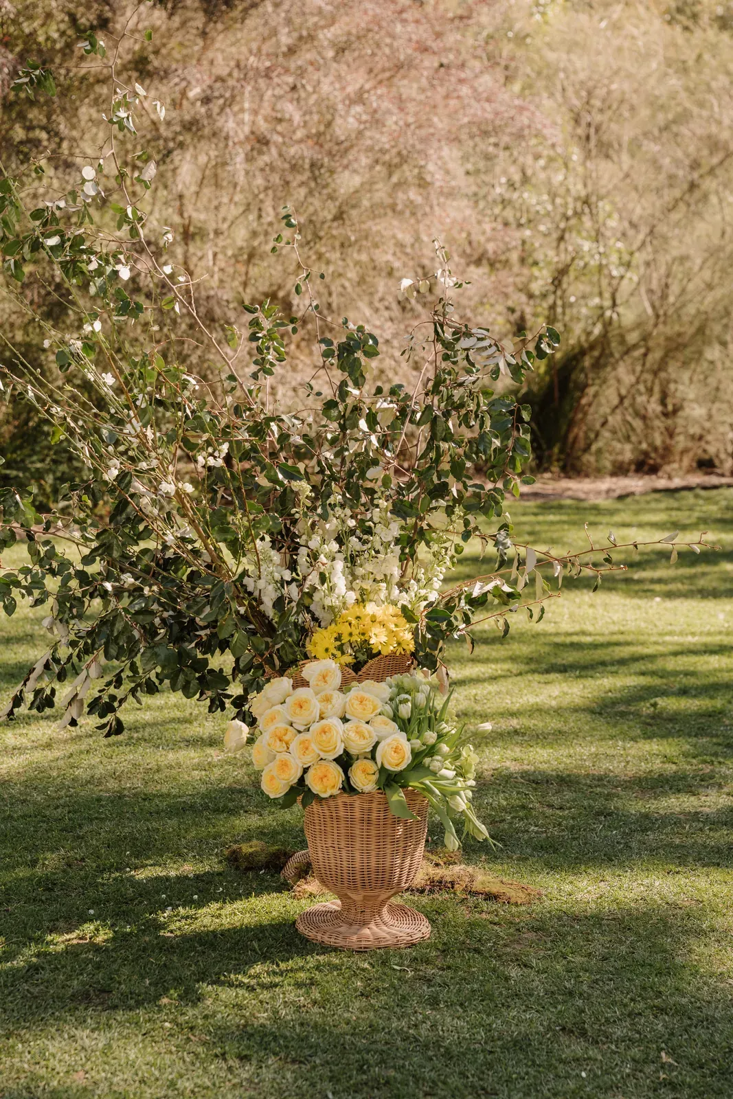 Urn arrangement of yellow roses standing under a flowering tree