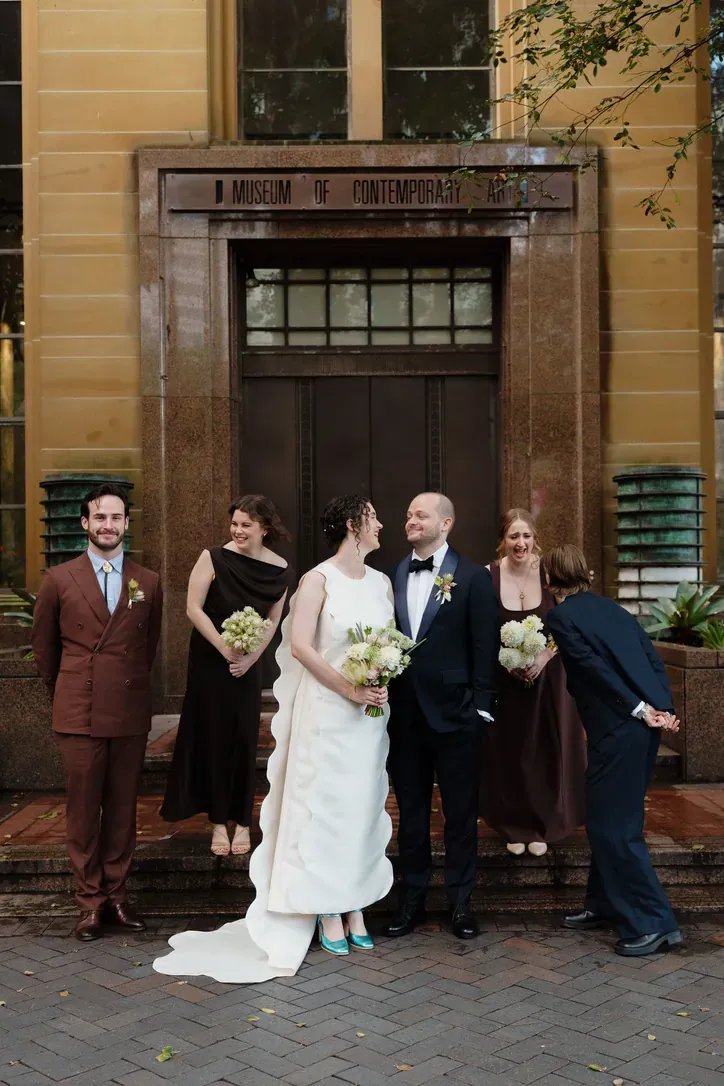 Wedding party gathered outside the Museum of Contemporary Art entrance